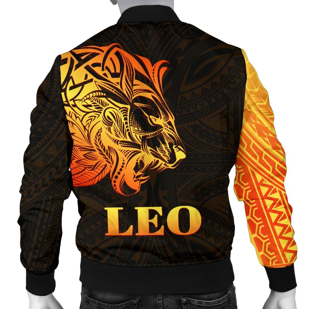 Back view orange and black bomber jacket with large Leo face graphic and “LEO” text.