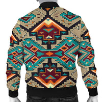Men's bomber jacket back view, multicolor geometric pattern, black ribbed cuffs