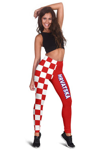 Damen-Leggings rot-weiß mit Karomuster; Aufdruck „HRVATSKA“ am Oberschenkel