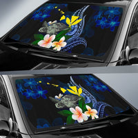 Windshield sun shade print: turtle and plumeria flowers on dark blue floral background