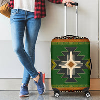 Green luggage cover with Native cross-star emblem, elastic fit for rolling suitcase