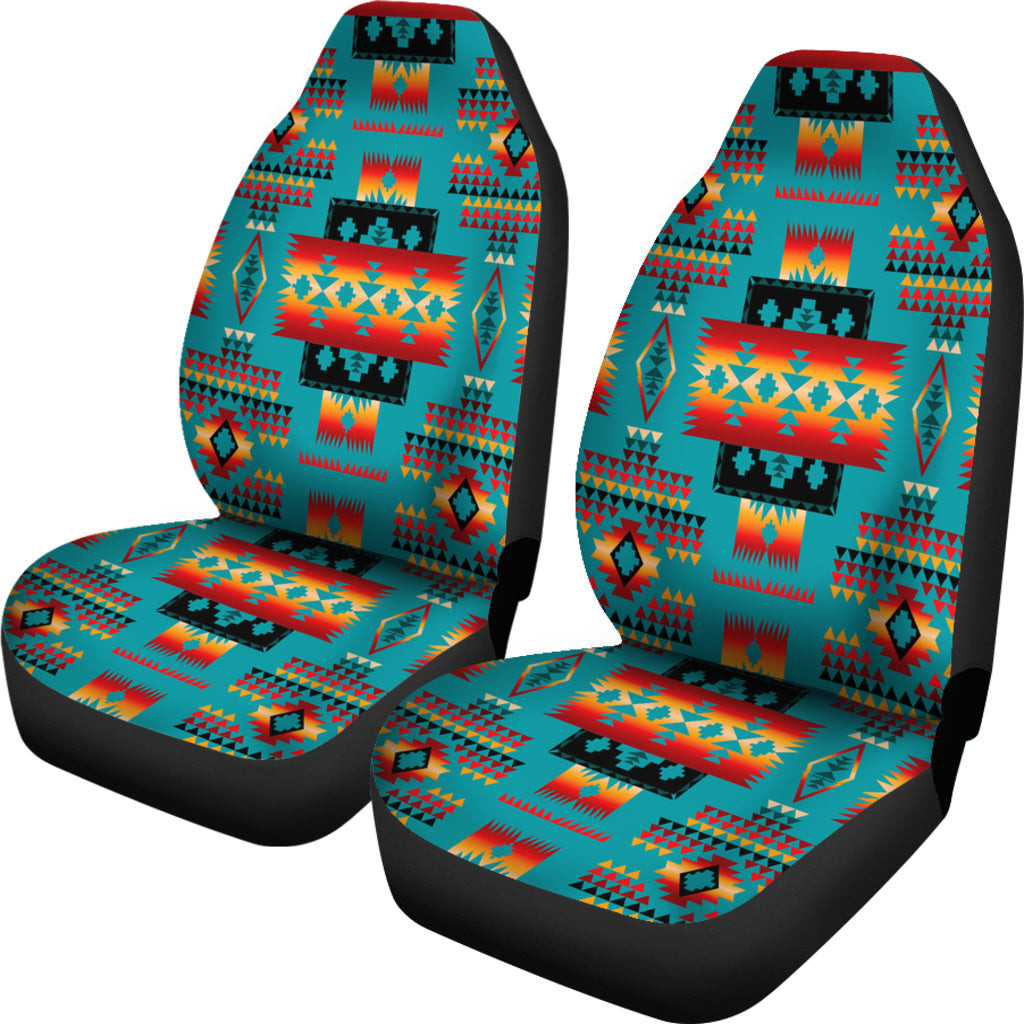 Set of multicolor native-style car seat covers with teal/red geometric pattern