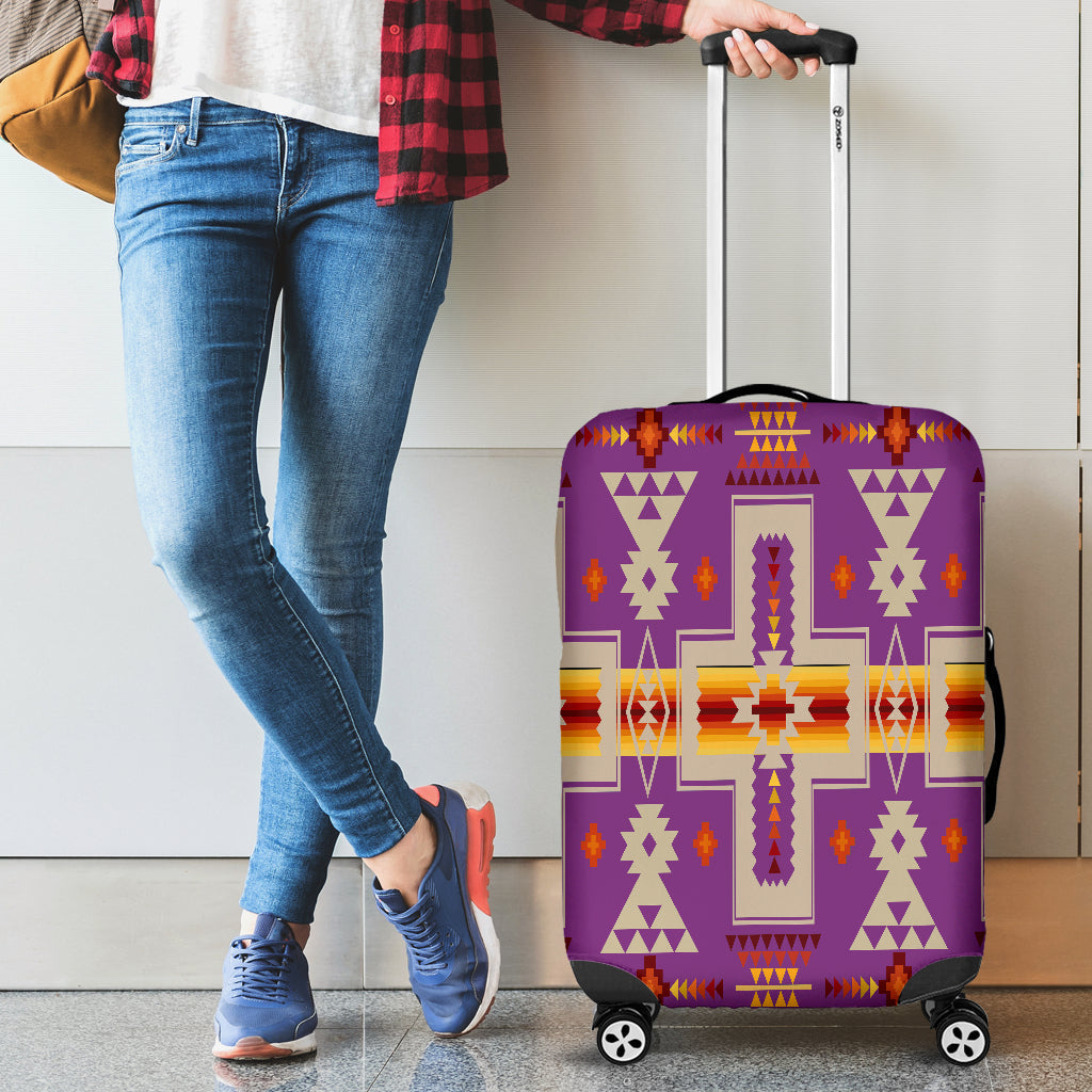 Light purple luggage cover, multicolor geometric tribal print on rolling suitcase