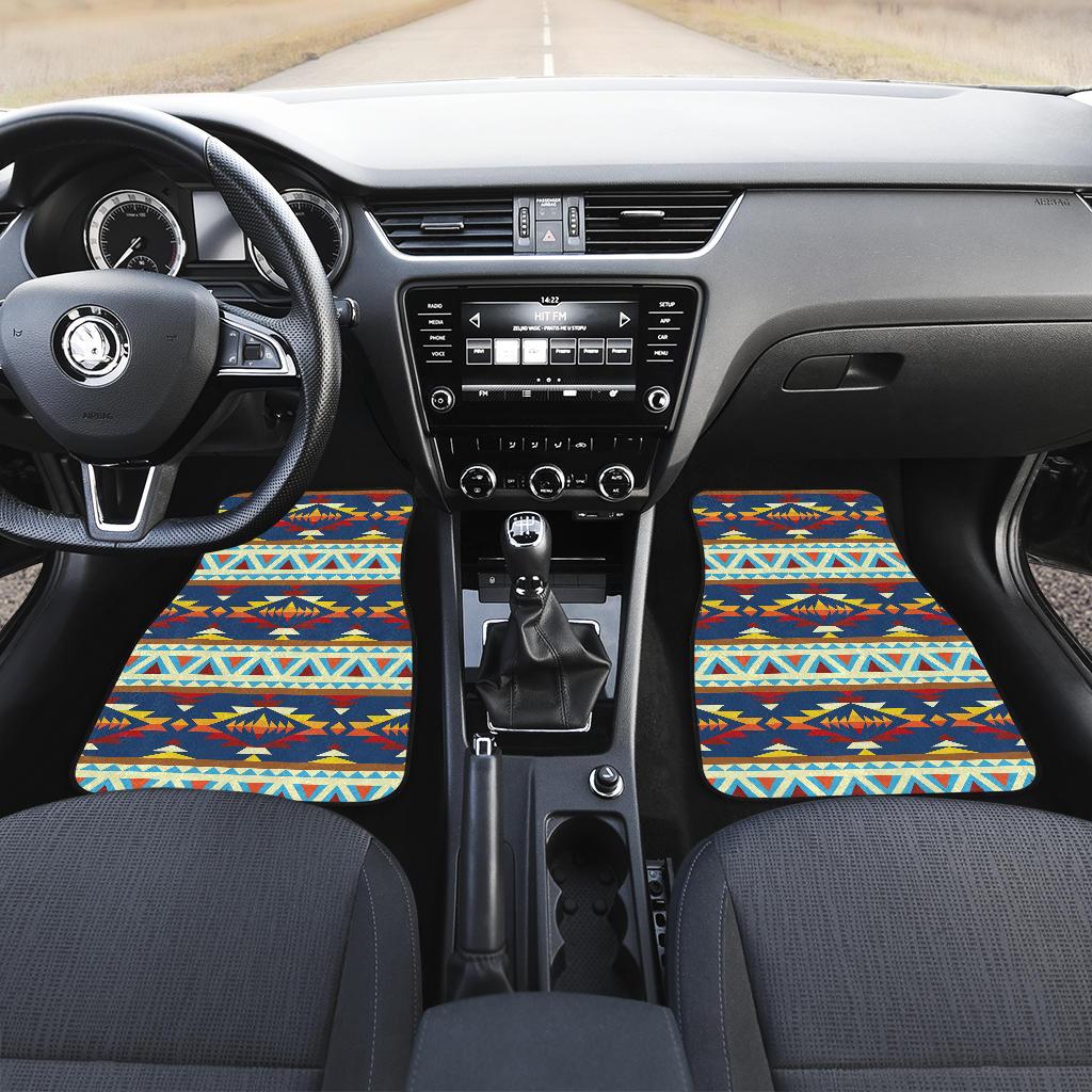 Blue Native American front car mats, set of 2, with multicolor geometric patterns