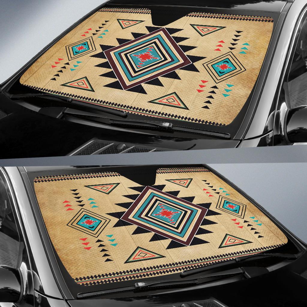 Colorful southwest diamond-pattern auto sun shade on windshield, black stitched edge