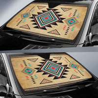 Colorful southwest diamond-pattern auto sun shade on windshield, black stitched edge