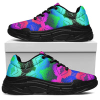 Chunky sneakers with tribal geometric print, teal, blue, and magenta; black outsole