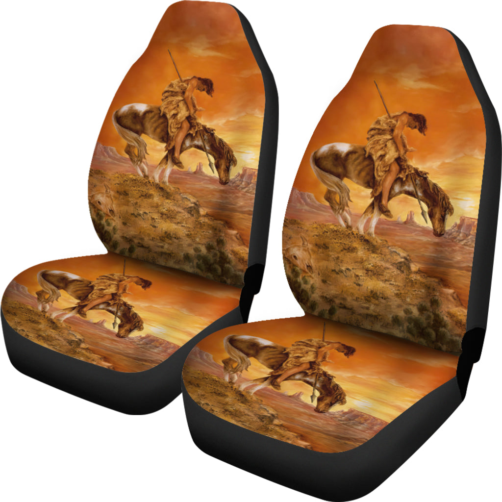 Multicolor warrior on horseback seat covers for headrest and bottom cushions, black trim
