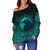 Viking Women's Off Shoulder Sweater, Ethnic Odin Raven Cyan RLT12 - Wonder Print Shop