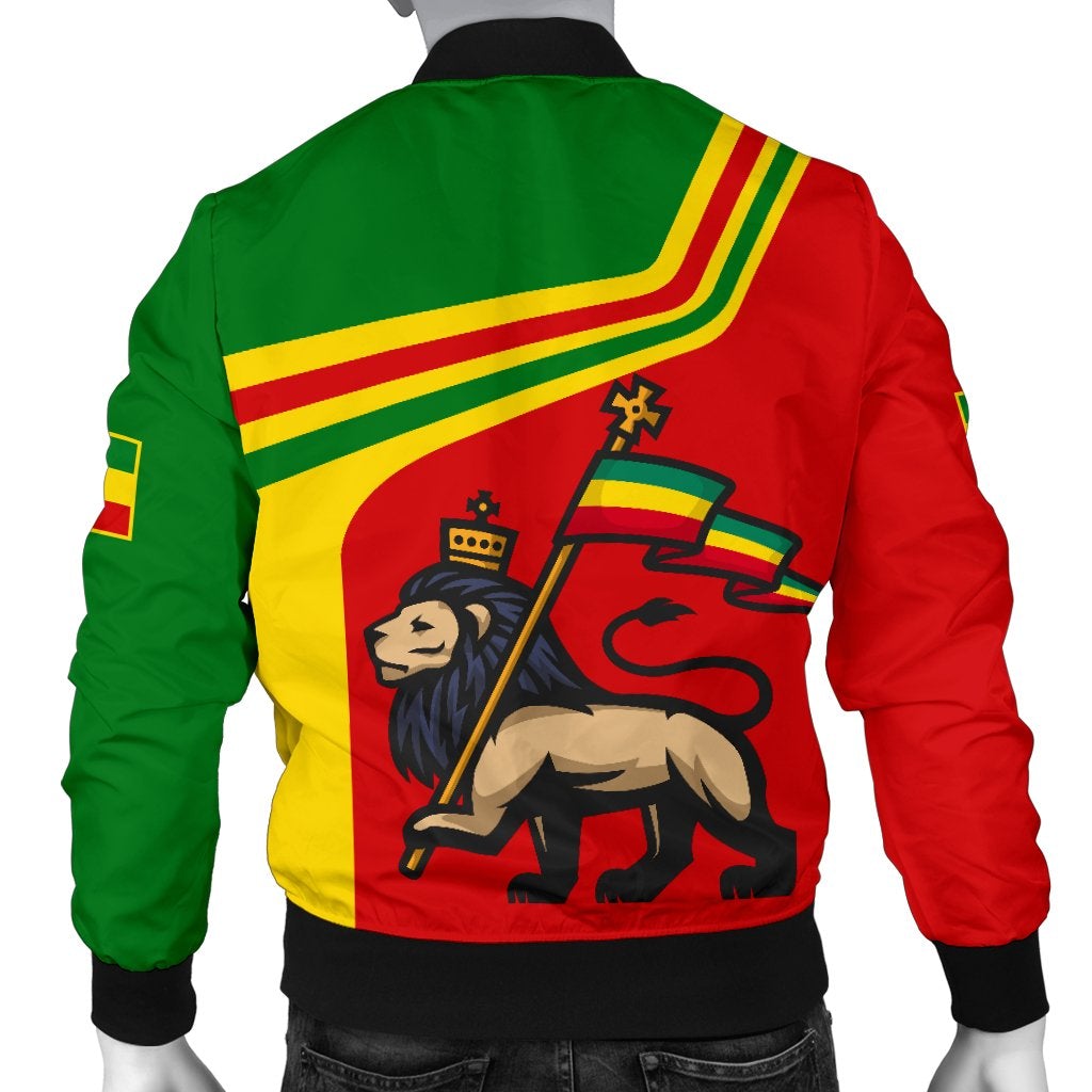 Bomber jacket back view with Ethiopia flag colors, lion graphic, front zip, ribbed hem