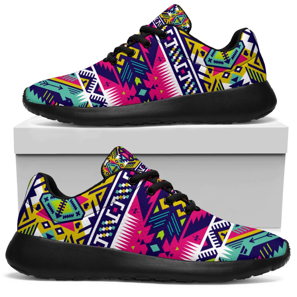 Multicolor tribal sport sneakers with black laces and black outsole, side view