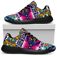 Multicolor tribal sport sneakers with black laces and black outsole, side view