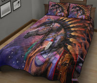 Purple and multicolor quilt with horse design and two matching pillow shams