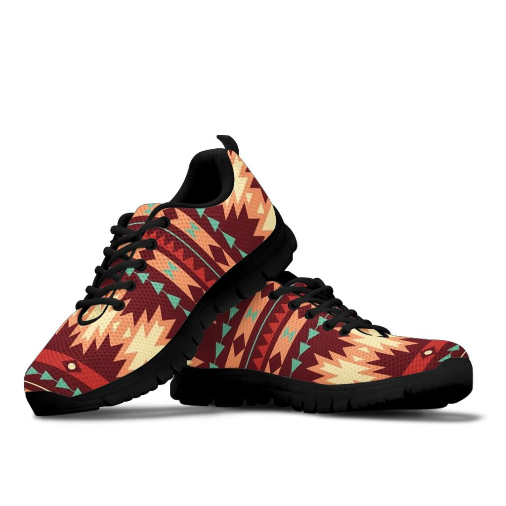 Front 3/4 view of red multicolor patterned sneakers with black rubber outsole