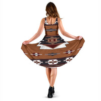 Back-view sleeveless A-line dress with brown Native-style geometric print and wide skirt
