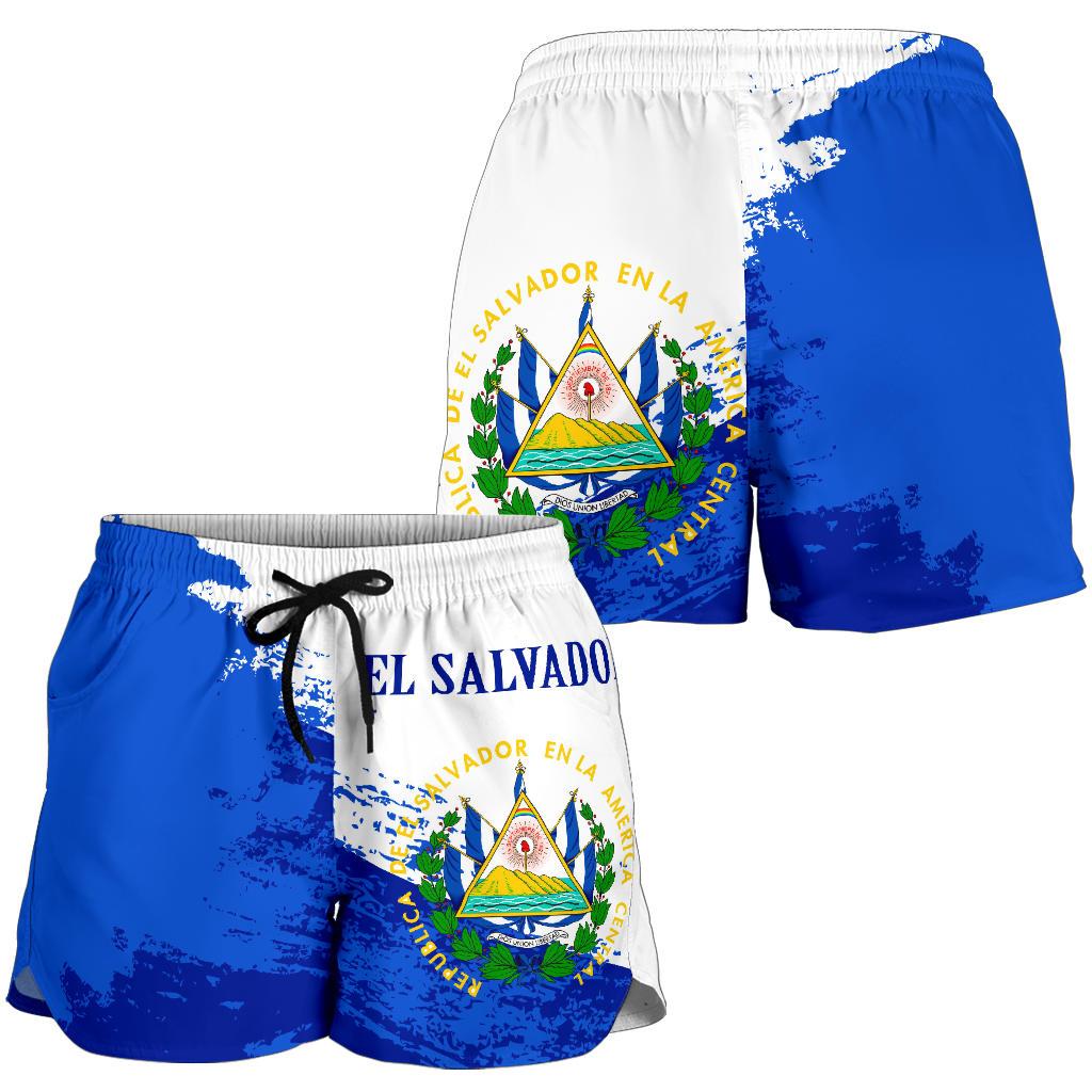 Women's blue/white shorts with elastic waist, black drawstring, El Salvador emblem