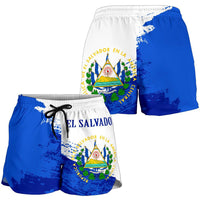 Women's blue/white shorts with elastic waist, black drawstring, El Salvador emblem