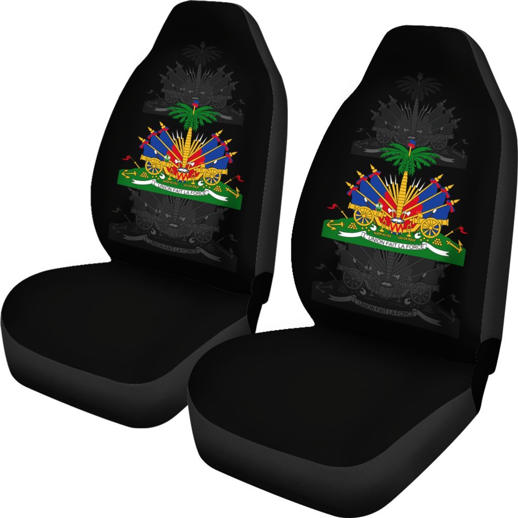 Two black front seat covers with Haiti multicolor graphic, matched set