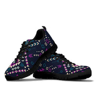 Pair of navy patterned sneakers with multicolor geometric print and black tread sole
