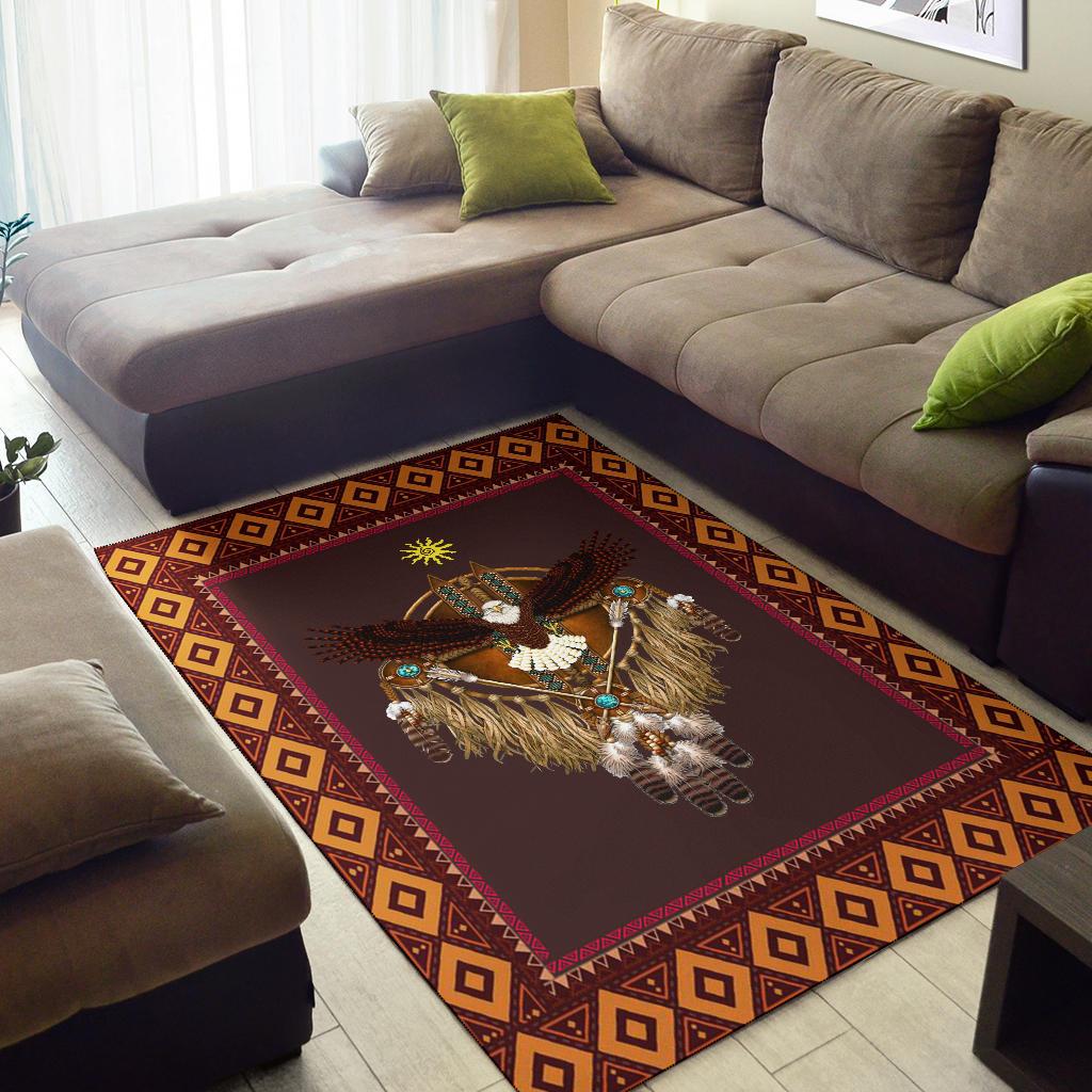 Dreamcatcher area rug with owl and feathers, brown panel, red-orange geometric trim