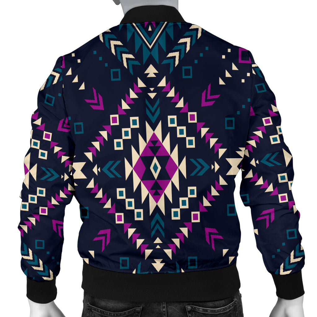 Back view dark multicolor geometric bomber jacket with full-coverage patterned fabric