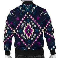 Back view dark multicolor geometric bomber jacket with full-coverage patterned fabric