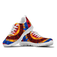 African Adinkra circle sneakers, white sole, multicolor geometric print, lace-up