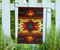 Multicolor tribal flag decor hanging between two metal poles, geometric star pattern