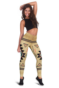 Tan leggings with Southwest triangles and diamond medallion print in black and turquoise