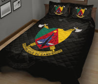 Folded view: black quilt cover with Cameroon emblem and matching pillowcase prints