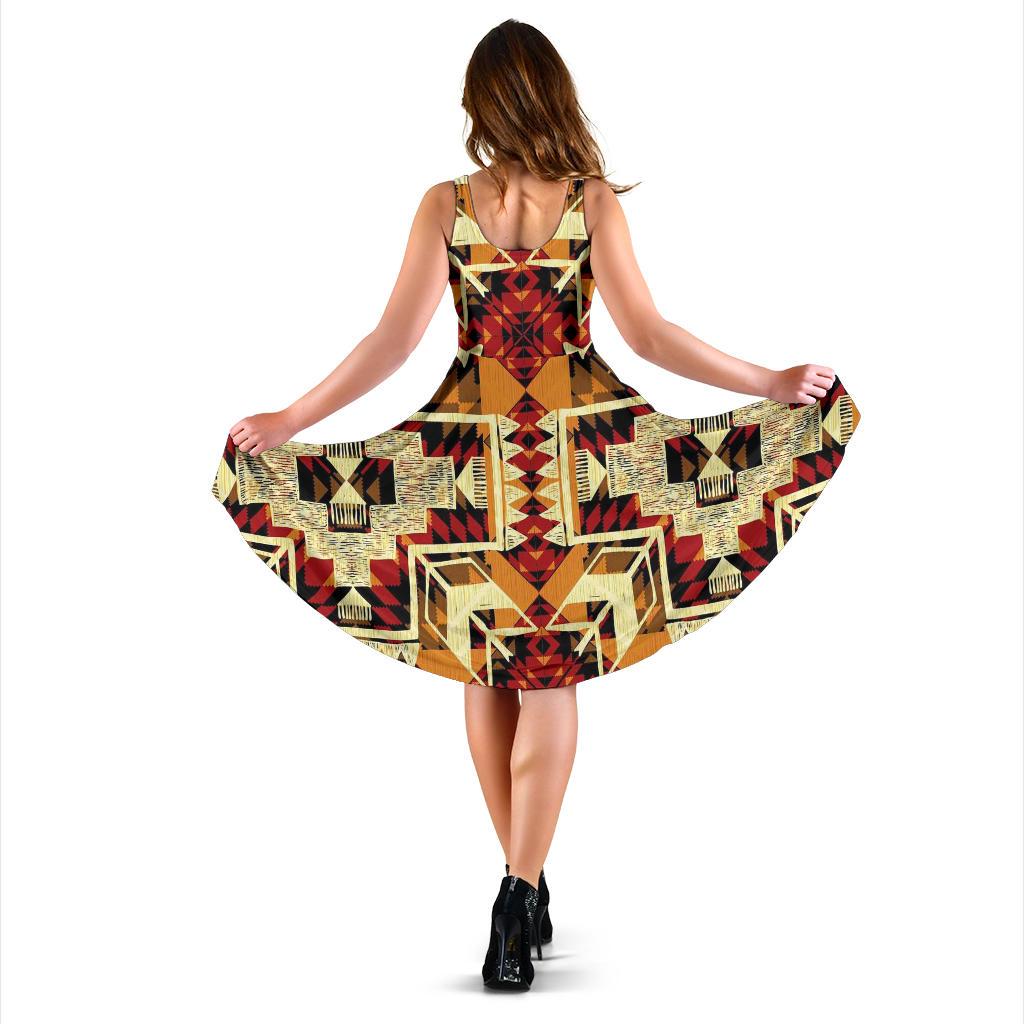 Back view sleeveless fit-and-flare dress with multicolor geometric tribal 3D pattern