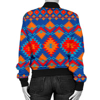 Back view women’s bomber jacket, all-over geometric print, black cuffs and collar