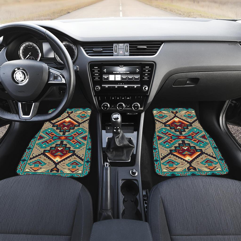 Set of 2 front car mats, teal/tan/orange Native American geometric pattern