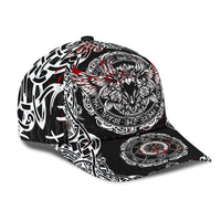 Black cap side view with Viking raven artwork, white pattern, red splatter
