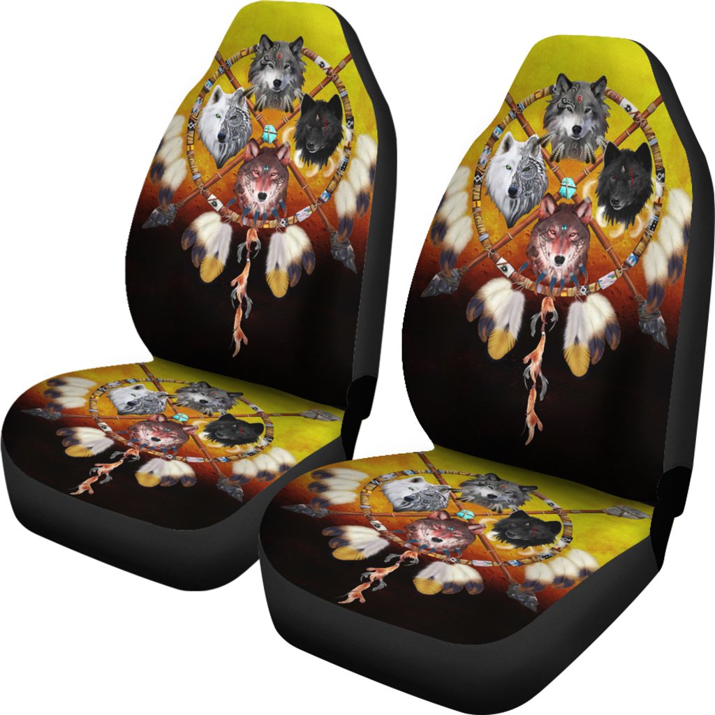 Set of 4 multicolor wolf car seat covers with dreamcatcher motif on black seats