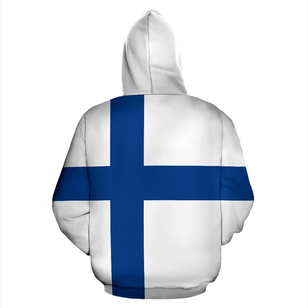 Back view white pullover hoodie with large blue-and-white Finland flag graphic