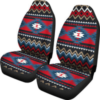 Pair of multicolor ornamental zigzag car seat covers, geometric bands and star motifs on cushions