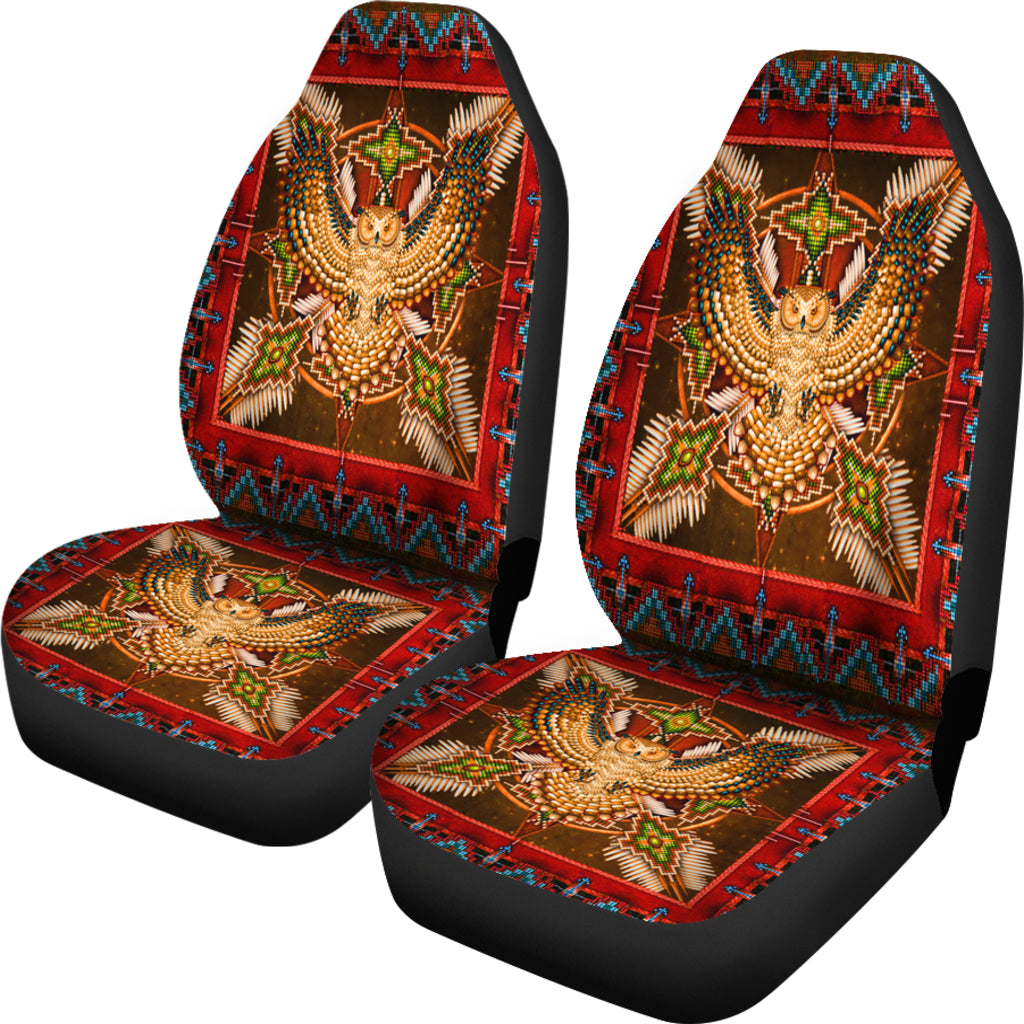 Set of two red & black car seat covers with central eagle mandala motif and geometric trim