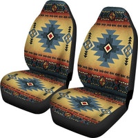Pair of LT10 seat covers with blue and beige native geometric center motif