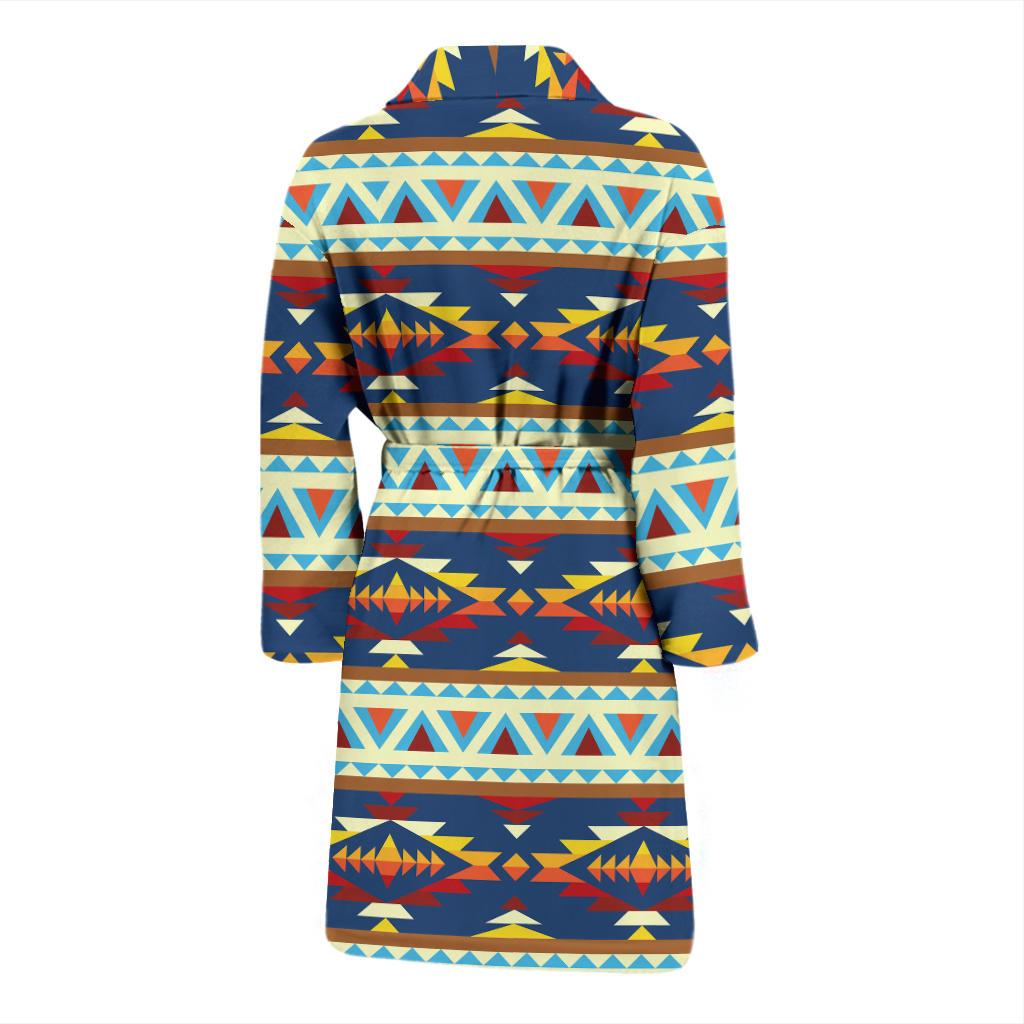 Rückenansicht: Bademantel mit Kapuze und Muster, Bindegürtel, blau-multicolor