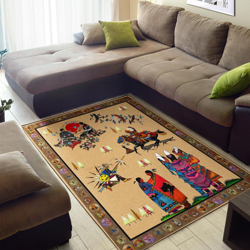 Beige Native American style area rug with colorful figures, horses, birds, and arrows