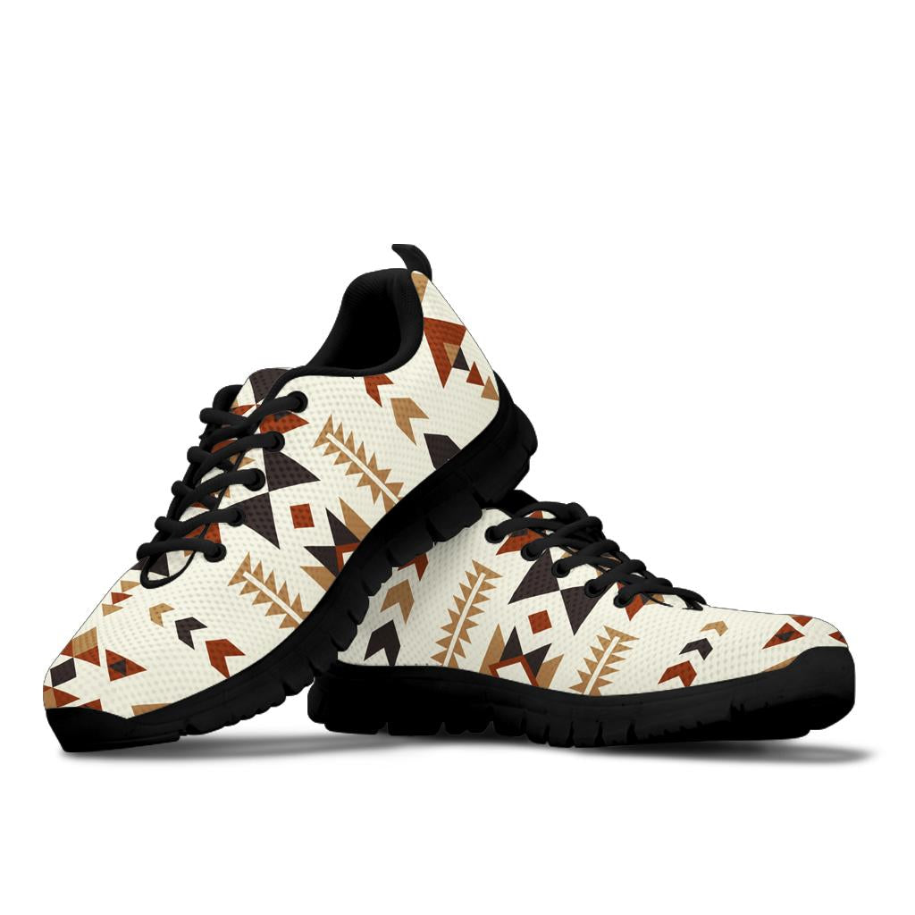 Native pattern sneakers pair view, cream geometric upper with black laces and black sole