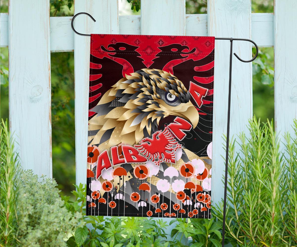 Red Albania garden flag with golden eagle eye, red lion, and “ALB” text at bottom
