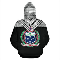 Black pullover hoodie front with Samoan crest emblem and patterned hood