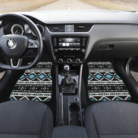 Car front floor mats with black base and white, teal, and blue geometric tribal pattern