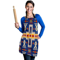Apron worn on model: blue with multicolor geometric tribal design, black neck strap