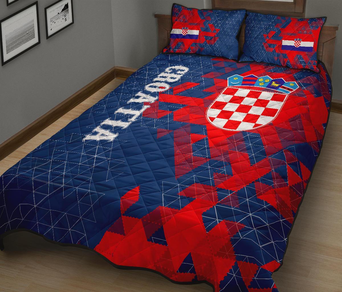 Blue quilt comforter with Croatia shield crest, star tricolor motif, and geometric patchwork