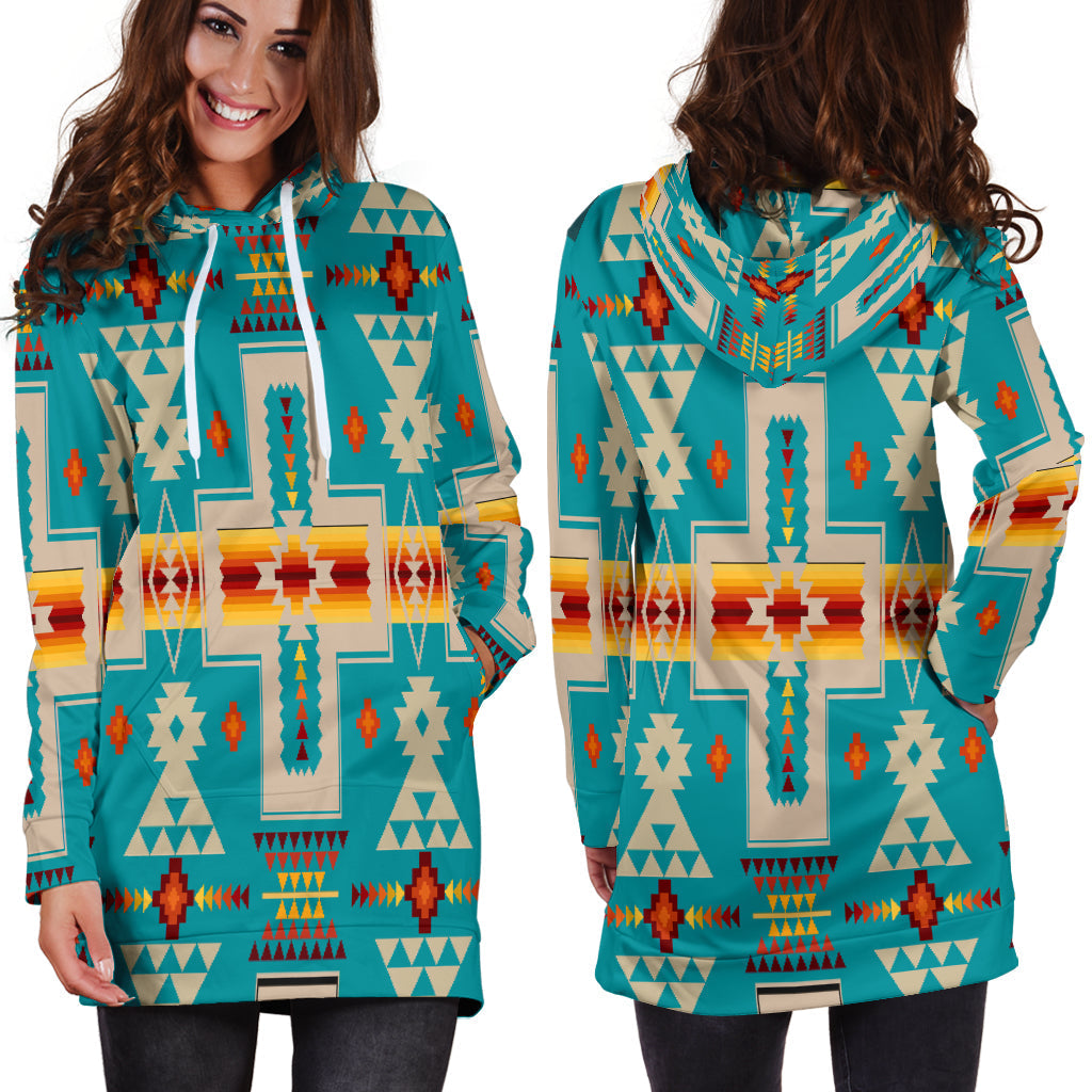Turquoise tribal hoodie dress with hood and kangaroo pocket, long sleeves