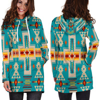 Turquoise tribal hoodie dress with hood and kangaroo pocket, long sleeves