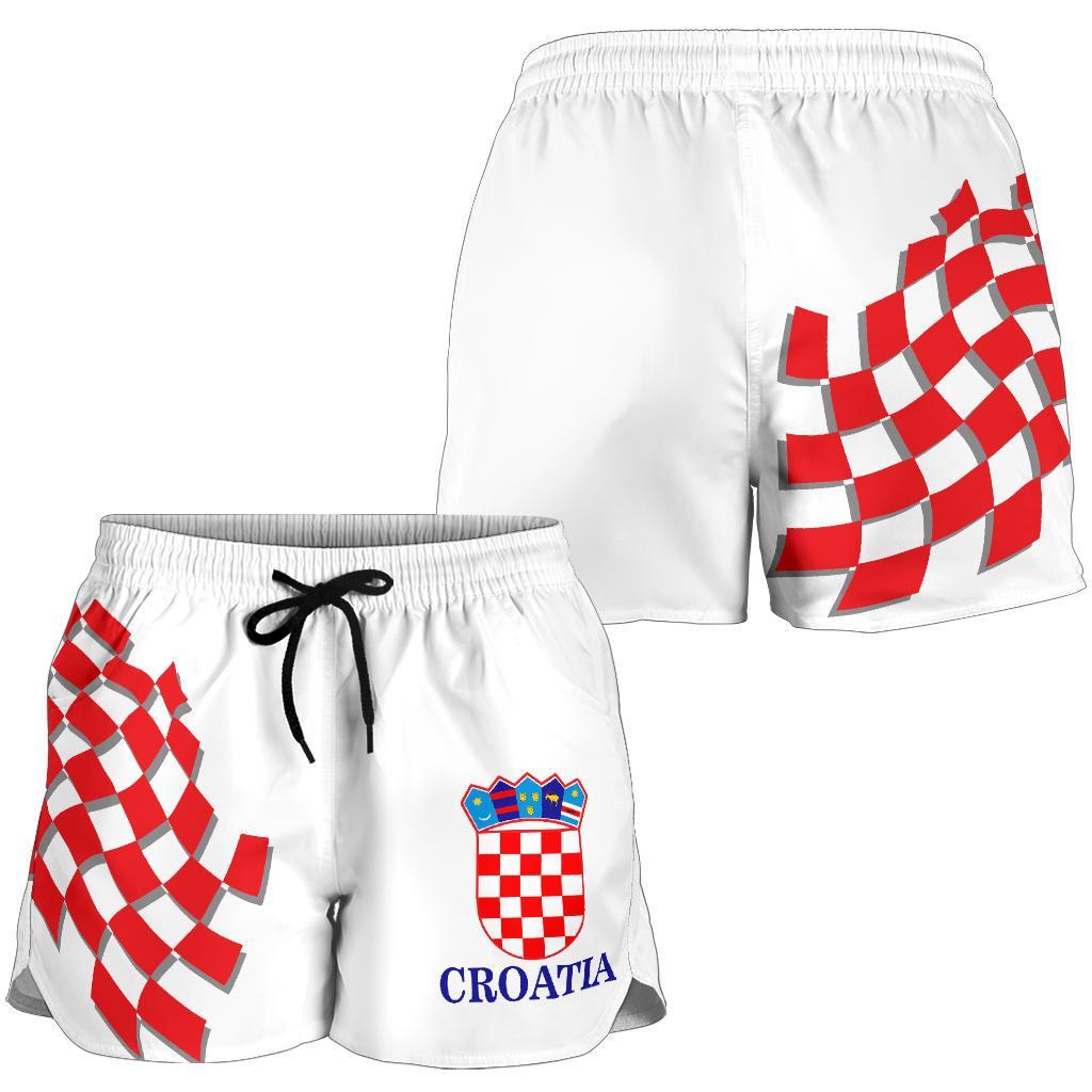 White women's shorts with black drawstring and red checkered Croatia crest graphic